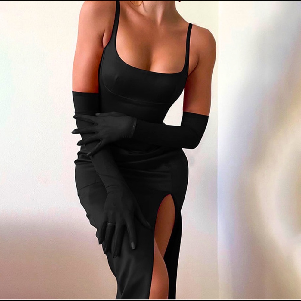 Elegant Black Satin Slit Dress + Gloves | Holiday / Cocktail / Evening
